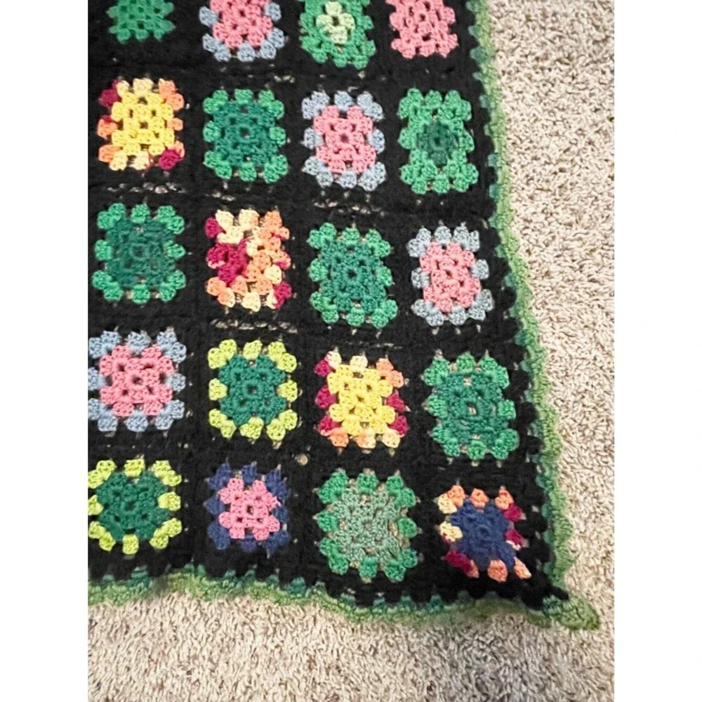 Handmade Crochet Granny Square Afghan Throw Blanket Black Multicolor Vintage